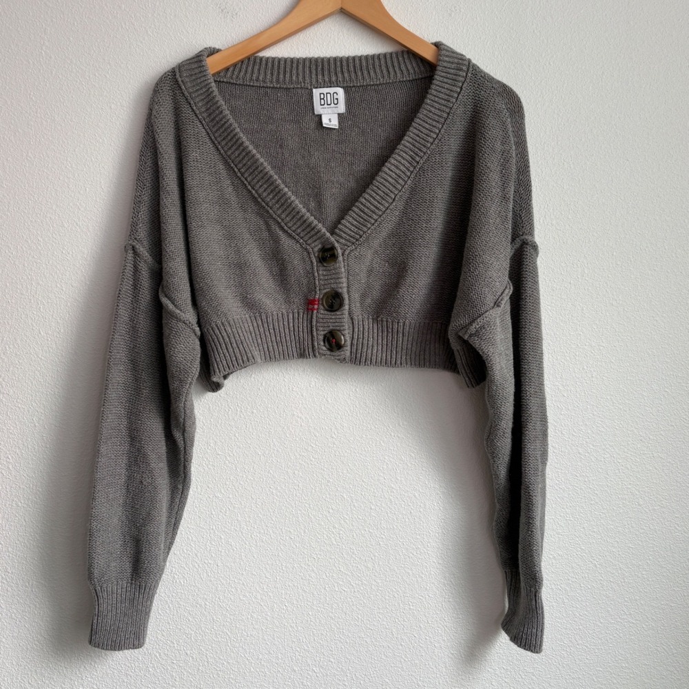 BDG Urban Outfitters Mari Gray Cropped Cardigan V-Neck Knit Sweater